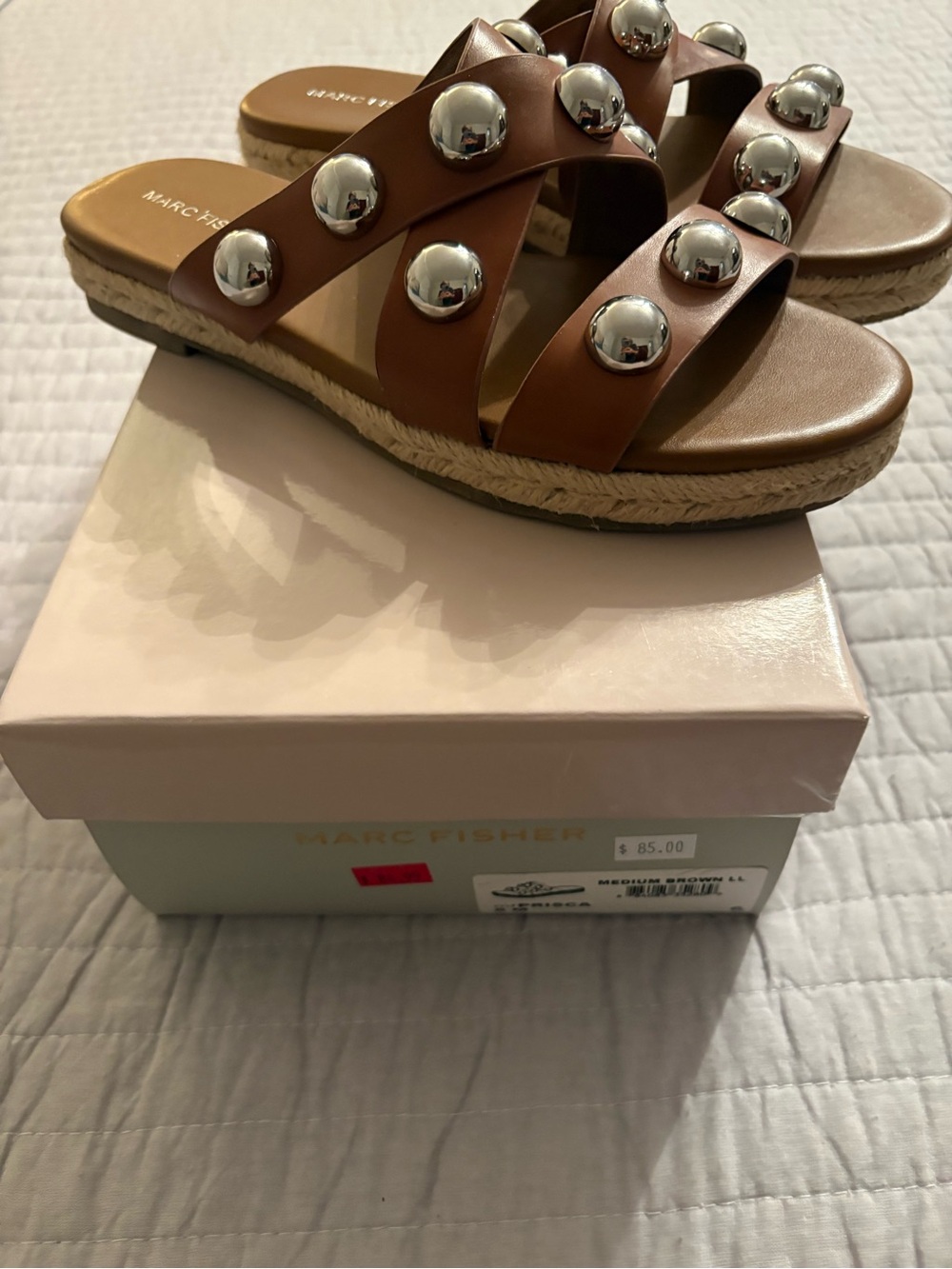 Marc Fisher Brown Leather Studded Espadrille Slide Sandals